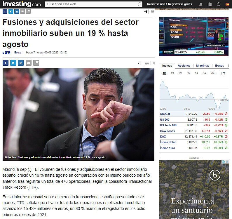 Fusiones y adquisiciones del sector inmobiliario suben un 19 % hasta agosto